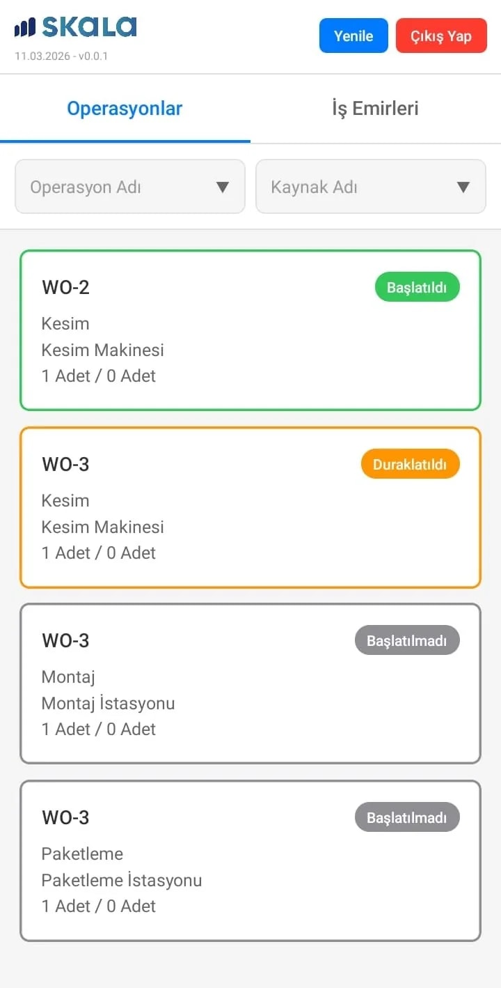 Skala Operatör mobil uygulamasında iş emri ve operasyon listesi