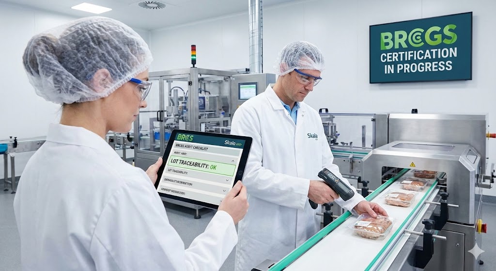 Gıda üretim tesisinde tablet ile BRCGS denetimi ve dijital izlenebilirlik kontrolü yapan personel